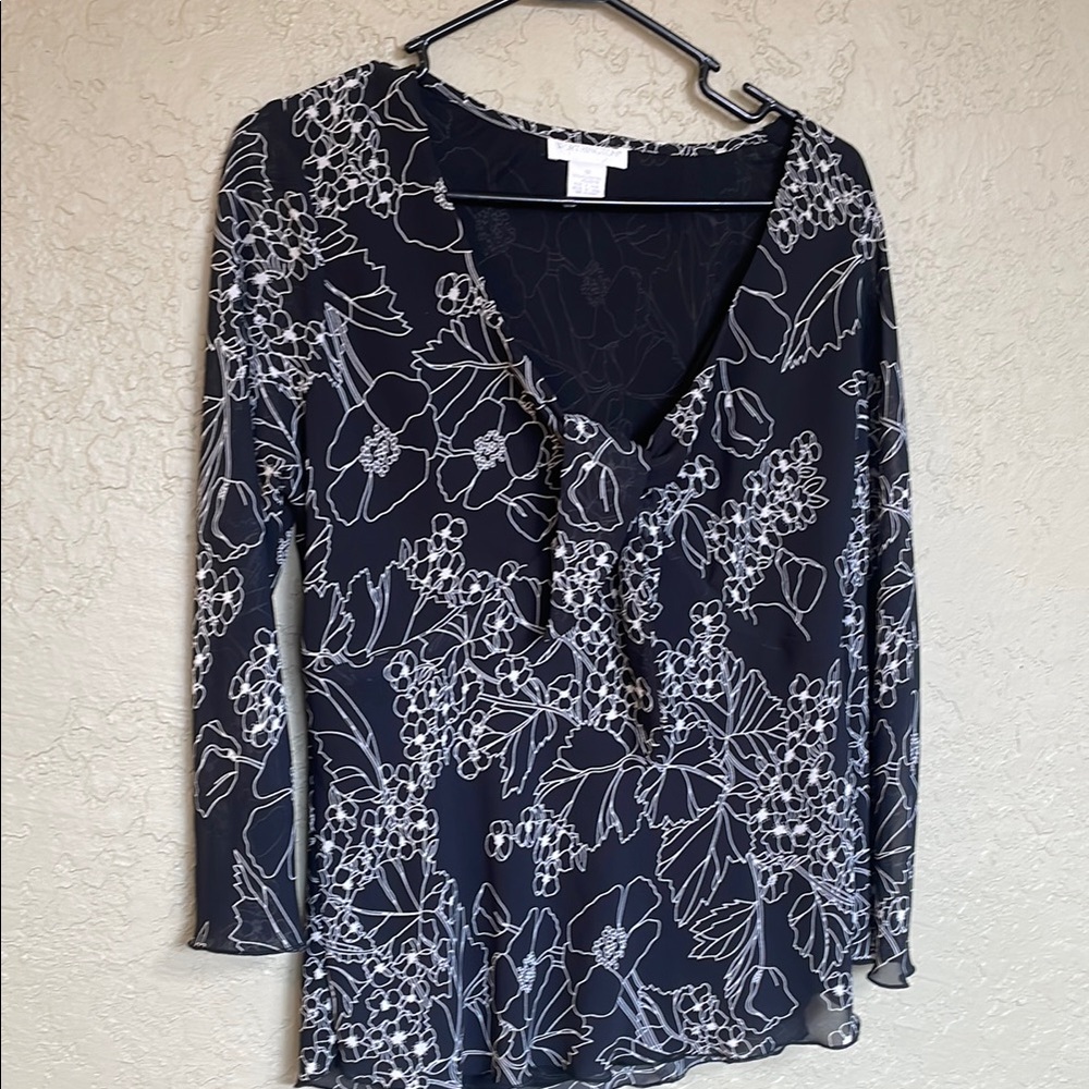 Worthington Black and White Ruffled 3/4 Sleeve Blouse